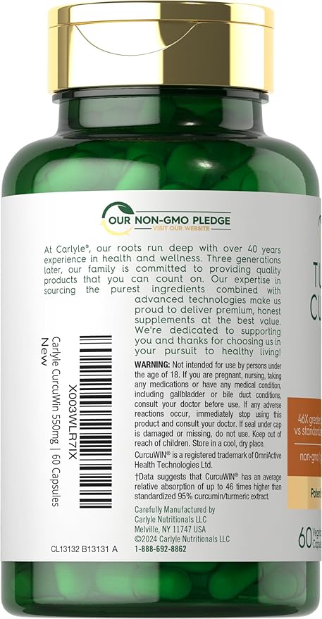 Carlyle Turmeric Supplement 550mg | 60 Capsules | CurcuWin Extract Complex | Vegetarian, Non-GMO, Gluten Free