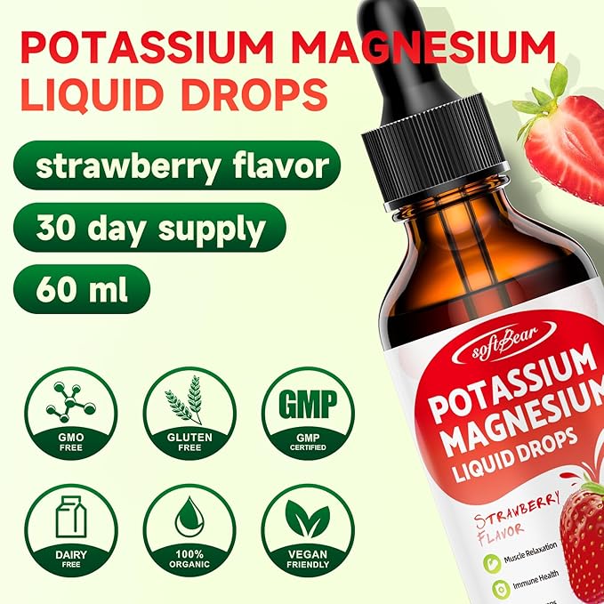 softbear 2 Pack Calcium Potassium Magnesium Liquid Drops, High Absorption Calcium Magnesium Potassium Supplement Support Bone & Muscle Health Liquid Magnesium Drops Strawberry Flavor 4 Fl Oz