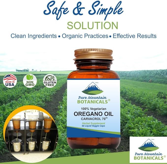 Pure Mountain Botanicals Wild Oregano Oil Capsules - 60 Kosher Vegan Caps Now with 510mg Mediterranean Oil of Oregano Supplement