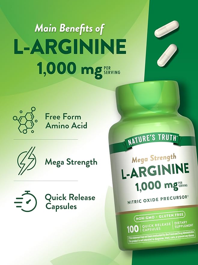 Nature's Truth L-Arginine 1000mg | 100 Capsules | Mega Strength | Non-GMO & Gluten Free Supplement