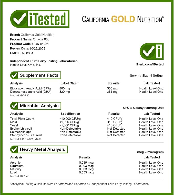 California Gold Nutrition Omega 800 Ultra-Concentrated Omega-3 Fish Oil, kd-pur Triglyceride Form, 1,000 mg, 30 Fish Gelatin Softgels