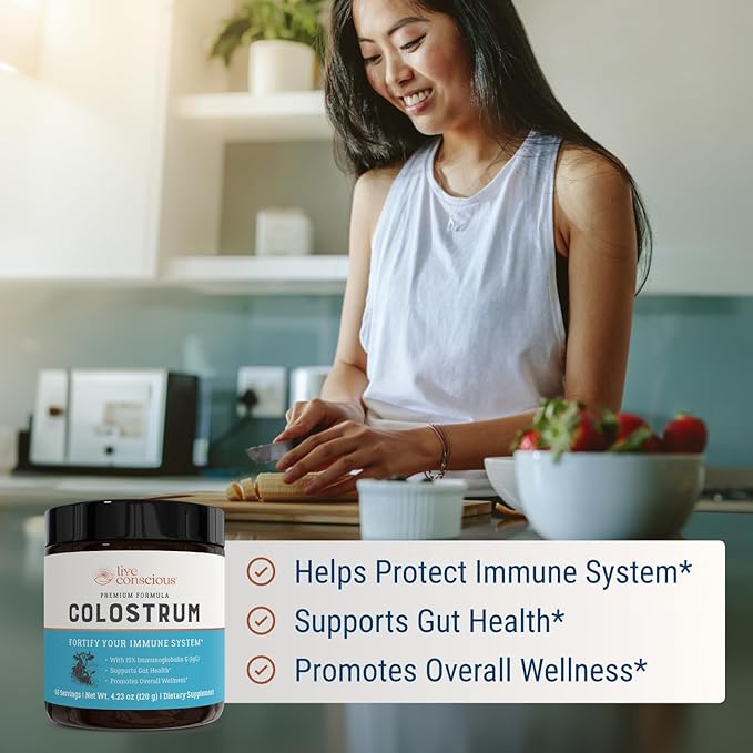 Live Conscious Colostrum Powder - Grass Fed Colostrum Supplement with Lactoferrin for Iron Absorption - Bovine Colostrum an Immune System Supplement