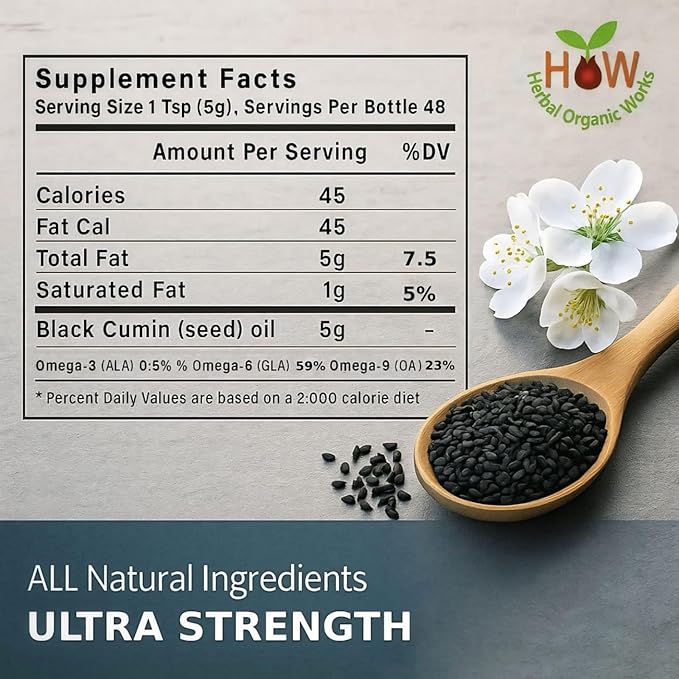 Ethiopian Black Seed Oil 16oz โ Extra Strength 3x Thymoquinone โ 100% Pure Cold-Pressed Nigella Sativa โ Immune, Joint, Hair and Skin Support