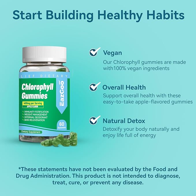 Sugar Free Chlorophyll Gummies, Vitamin B12 Zinc - Natural Deodorant*, Supports Healthy Skin & Body Detox*, Immune & Digestion Support, Chewable Chlorophyll Supplement for Women - 60 Count