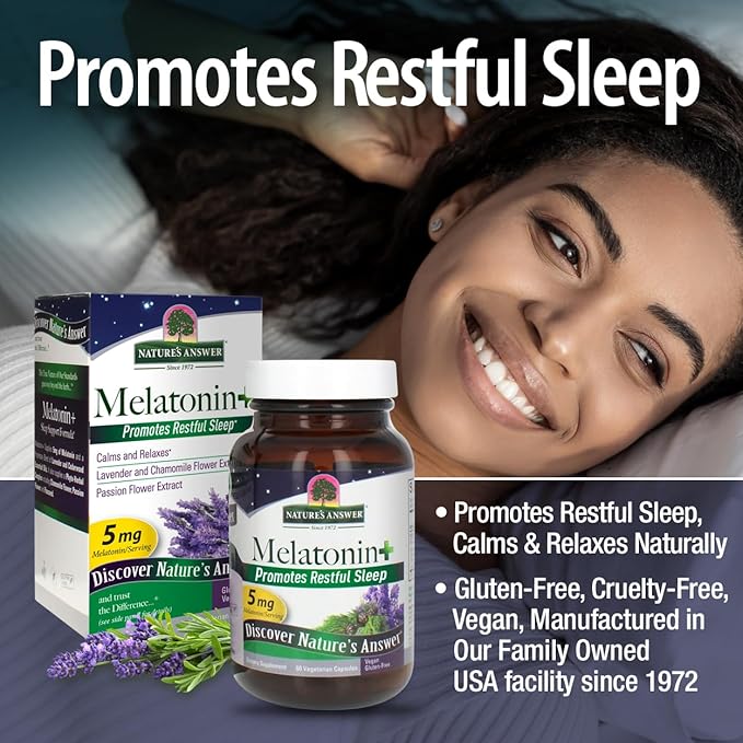 Nature's Answer Melatonin 5mg 60-Capsules | Promotes Restful Sleep | Melatonin + Essential Oils Lavender Calms and Relaxes | Single Count