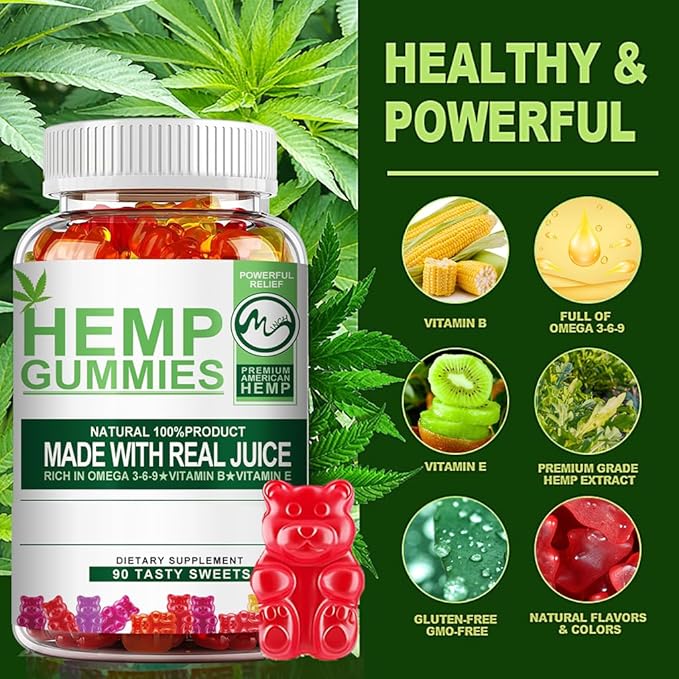 (2 Pack) Hemp Gummies - 90PCS Stress Relief Fruity Gummy Bear with Hemp Oil, Natural Hemp Supplements