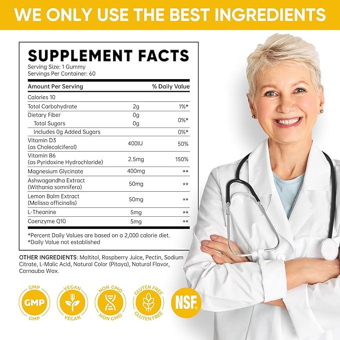 Venture Pal 60 Day Supply Magnesium Glycinate Gummies with Ashwagandha for Adults and Kids, L-Theanine, CoQ10, Sugar Free Magnesium Supplement 400mg for Calm Mood & Sleep, Gluten-Free & Vegan