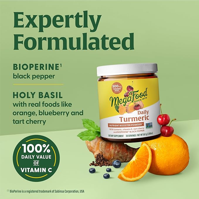 MegaFood Daily Turmeric Nutrient Booster Powder - Turmeric Supplement -with Black Pepper Extract, Tart Cherry & Vitamin C - Vegan - Made Without 9 Food Allergens - 2.08 Oz (30 Servings)