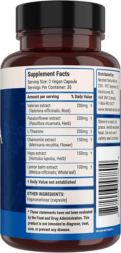 Nested Naturals Luna Melatonin-Free Pack of Two, Bedtime Supplement for Adults, Herbal Nighttime Sleeping Capsule, Valerian Root with Chamomile, Lemon Balm, Non-GMO, Gluten-Free