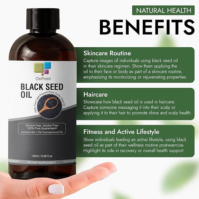 Black Seed Oil Organic Cold-Pressed Rich in Thymoquinone and Omega 3-6-9 Useful for Anyone Looking to Support a Radiant Skin and Lustrous Hair 4.06 oz