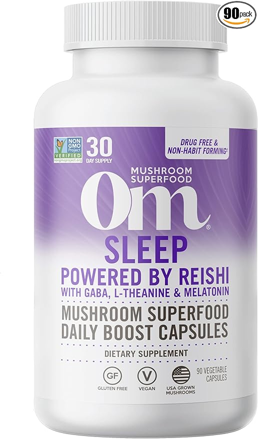OM MUSHROOM SUPERFOOD Sleep Mushroom Capsules Superfood Supplement, 90 Count, 30 Days, Reishi, GABA, L-Theanine, Melatonin for Rest & Sleep Quality Superfood Supplement