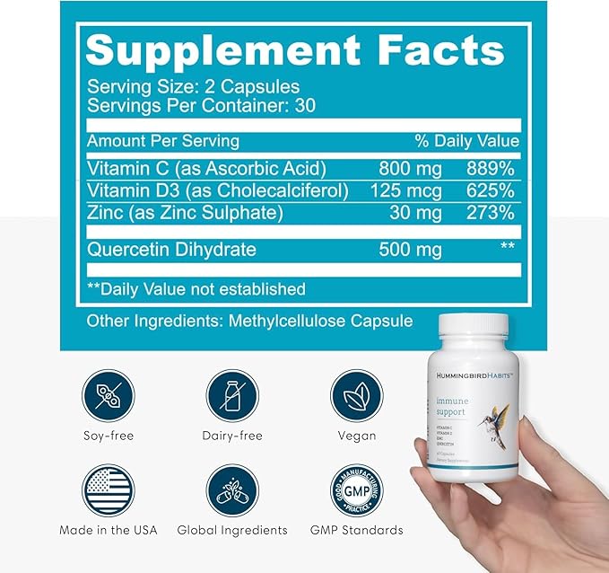 Immune Support, Zinc Quercetin Vitamin C and D Immune Complex, Dihydrate Quercitin Supplements 500 with Zinc Vitamin C D3 for Immunity Support, Vegan Supplement (60 Capsules)