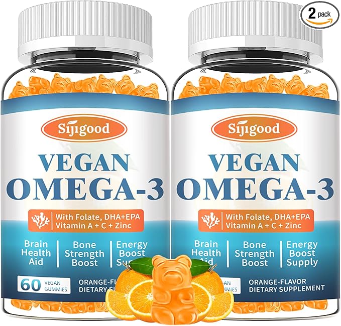2 Pack Omega-3 Gummies Potent Algae Omega Source, Boost Brain, Eye & Immune Function, with DHA and EPA Vegan & Sugar Free, Orange Flavor, 120 Count