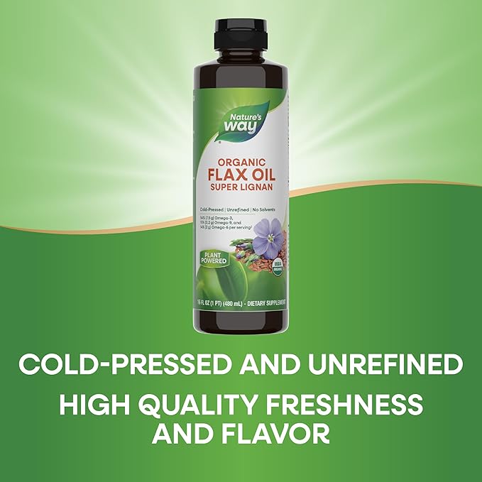 Nature's Way Organic Flax Oil Super Lignan, Omega-3, 6, 9 Fatty Acids(1), Cold-Pressed, Unrefined, Hexane Free, 16 Fl Oz (Packaging May Vary)