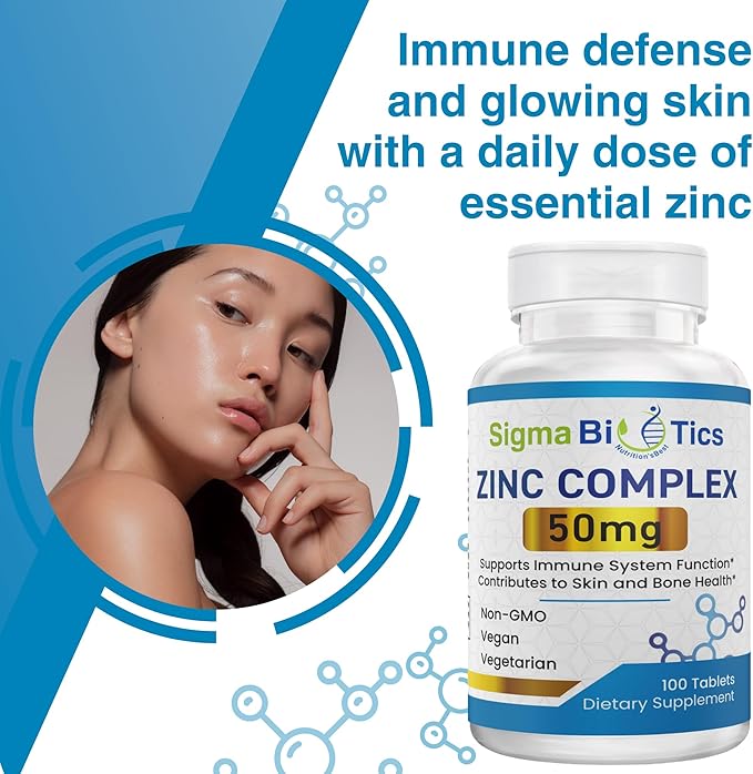 Sigma Biotics High-Potency Zinc 50mg Supplement - Supplements for Immune Support & Skin Health - Non-GMO Mineral Supplement with Zinc Oxide & Citrate - 60 Tablets