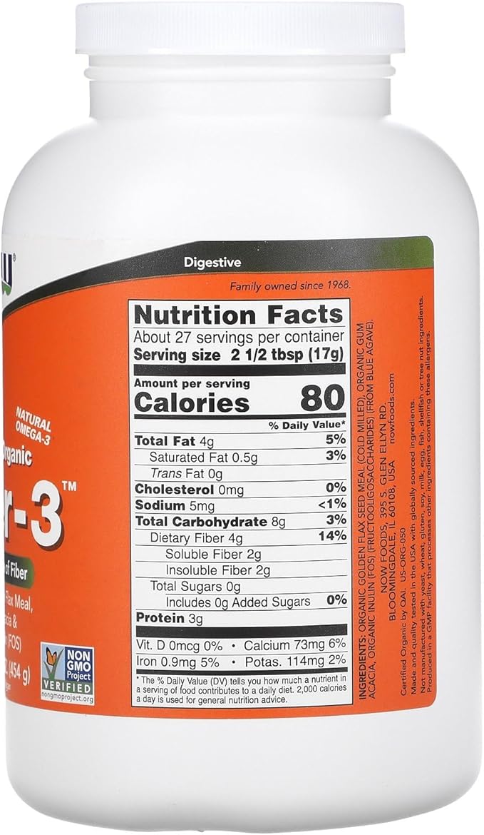 NOW Foods Supplements, Fiber-3, Certified Organic, Non-GMO Project Verified, Psyllium Free, with Organic Golden Flax Meal, Acacia & Inulin, 16-Ounce