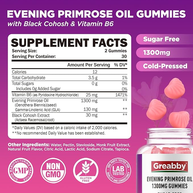 Evening Primrose Oil Gummies 1300mg with Black Cohosh & Vitamin B6, Sugar-Free, PMS Relief Supplements for Women 20-45, Chewable PMS Gummies, Strawberry Flavor, Vegan, Pectin, 60 Count