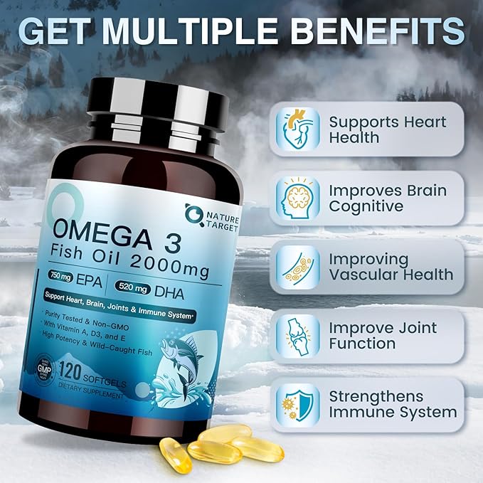 NATURE TARGET Omega 3 Fish Oil 2000mg Softgels with Vitamin D3 & E & A - EPA & DHA- Max-Absorption, Supports Heart, 120 Softgels