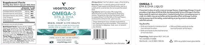 Vegan Omega 3 Liquid, from Microalgae, 800mg of EPA DHA, with Vitamin D3, Supports Heart, Brain, and Eye Health, Natural Fish Oil Alternative, UK Made, Mild Orange Flavoured