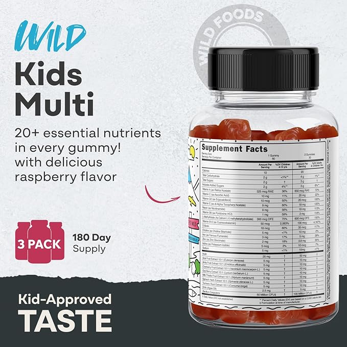 Wild Foods Kids Multivitamin Gummies – Natural Skin, Immune & Bones Support with Kids Vitamins A, C, D, E, B12, Iron & DHA – Probiotics & multivitamin for Growth – 60 Flavored Gummies