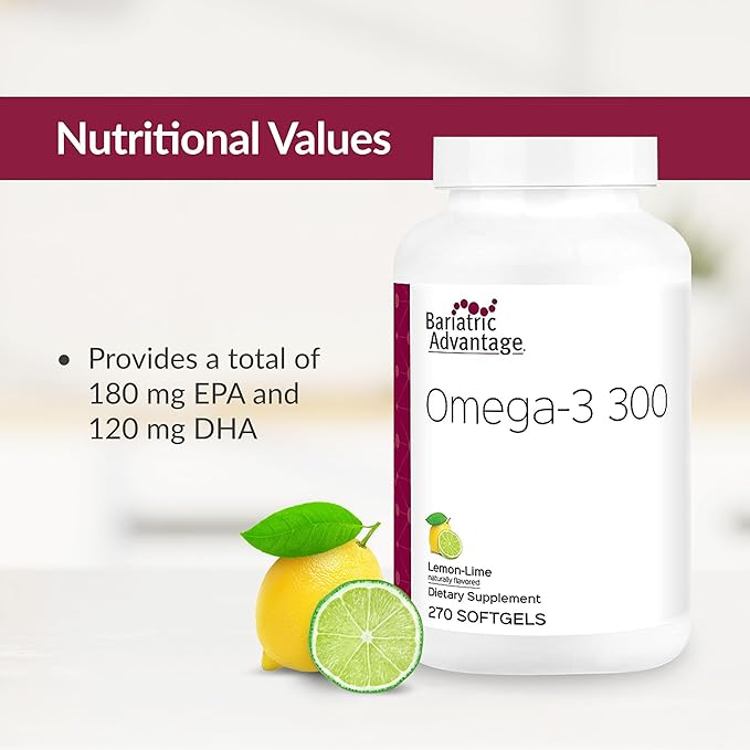 Bariatric Advantage Omega-3 300 EPA DHA Fish Oil Capsules, Concentrated Source of Fatty Acids from Sustainably Sourced Cold Water Fish - Lemon Lime, 270 Softgels
