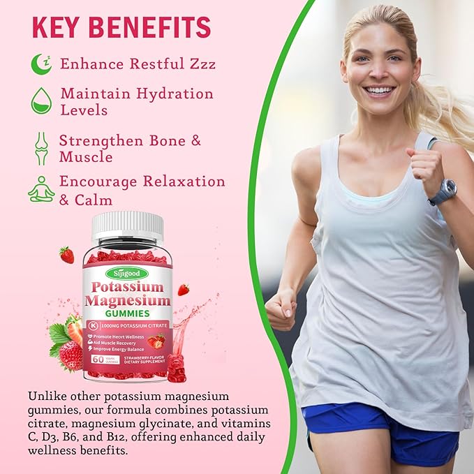 2 Pack Potassium Magnesium Gummies, High Absorption Magnesium Potassium Supplement with Vitamin B6 for Leg Cramps & Muscle Health, Strawberry, 120 Count