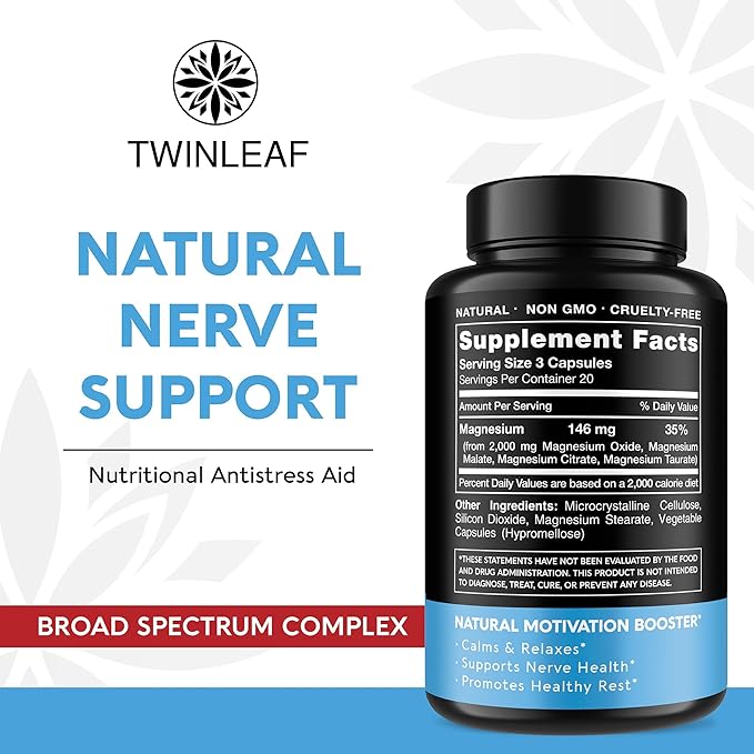TWINLEAF Magnesium Brain Booster Made in USA - Supports Brain Health & Function as Natural Calm, Relax Aid - Nootropic Magnesium Memory, Concentration & Focus Pills That Promote Better Rest