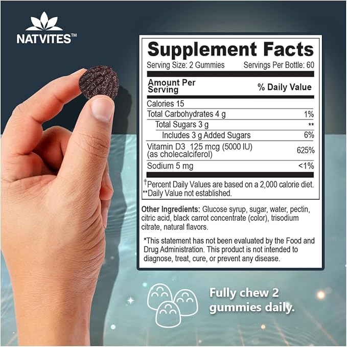 Ultra-Strength Vitamin D Gummies for Adults - D3 Vitamin 5000 IU (125mcg) Berry Flavored Supplement for Bone, Immune and Heart Health - Non-GMO, Gluten Free, Vegetarian, Nut and Dairy Free (120 Count)