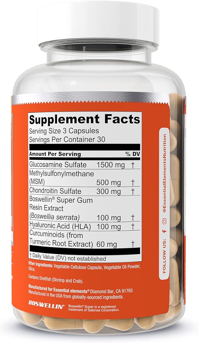 Essential Elements Glucosamine Chondroitin MSM Boswellia Serrata Hyaluronic Acid Supplement Joint Support Antioxidant Supplement for Flexibility - 270 Capsules (3 Pack)