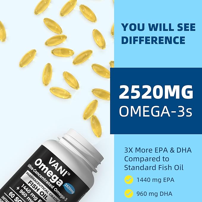 VANI Omega 3 Fish Oil - Pharmaceutical Grade - 2520mg with EPA & DHA, Made in USA with Premium Germany Fish Oil KD-PÜR® - 60 Softgels
