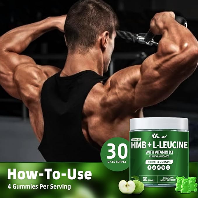 (2 Pack) HMB & L-Leucine Gummies 3000mg - with Vitamin D3 for Muscle Recovery, Energy, Endurance & Muscle Mass Increase - for Men & Women - Non-GMO, Vegan, Gluten-Free, Apple Flavor - 120 Gummies