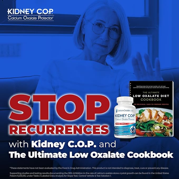 Kidney COP Calcium Oxalate Protector 120 Capsules, Patented Kidney Support for Calcium Oxalate Crystals, Stop Recurrence (Starter Pack - 1 Btl (120 Caps) and 1 Ultimate Low Oxalate Diet Cookbook)