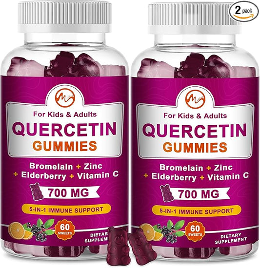 (2 Pack) Quercetin Gummies with Bromelain, Elderberry, Zinc and Vitamin C - Chewable Quercetin 700mg Supplement for Immunity, Allergy, Aging Support - Vegan Gummies for Adult & Kid
