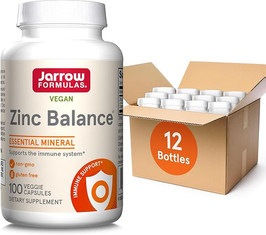 Jarrow Formulas Zinc Balance 15 mg - 100 Servings (Veggie Caps) Includes Copper Essential Mineral for Immune System Support - Immune Support Supp - Gluten Free Zinc Copper Supp - Vegan, Pack of 12