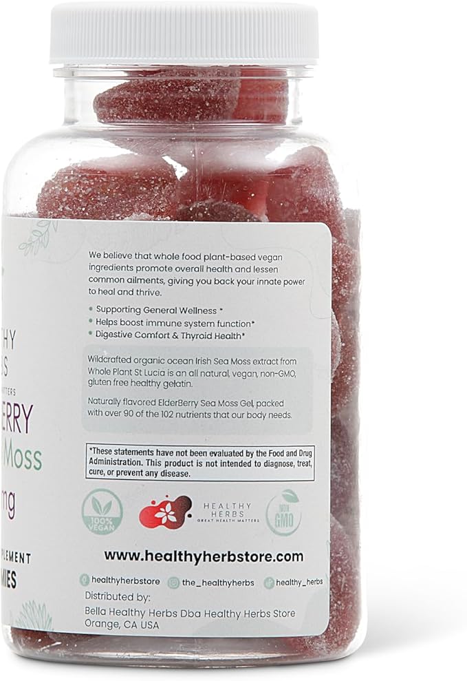 Organic Sea Moss Gummies - Concentrated 2100mg Irish Sea Moss + Elderberry Essentials Blend - Advanced Once-Daily Formulation Made with Apple-Extracted Gummy (2-Pack)