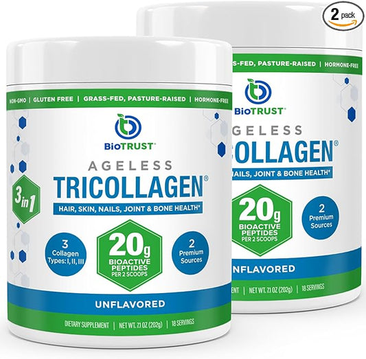BioTrust Tri Collagen Powder - 3-in-1 Hydrolyzed Collagen Peptides Powder (Types I, II, & III) - Grass Fed Collagen Protein Powder for Anti Aging, Skin, Hair, Bone & Joint Health - Unflavored, 2-Pack