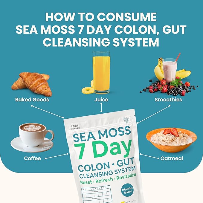 Atlantic Naturals Sea Moss 7-Day Cleanse Colon & Gut Detox - Juice Cleanse Support with Golden Flax Seeds, Psyllium Husk Senna Powder, Body Detox for Women & Men - Pineapple Flavor Mix Drink (14 oz)