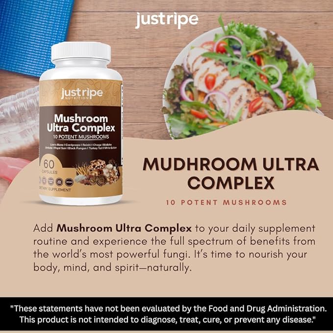 Mushroom Ultra Complex - Reishi, Cordyceps, Lions Mane & Shiitake - Immune System Booster & Nootropic Brain Supplement - Enhance Memory and Focus - Stress Relief - 60 Capsules