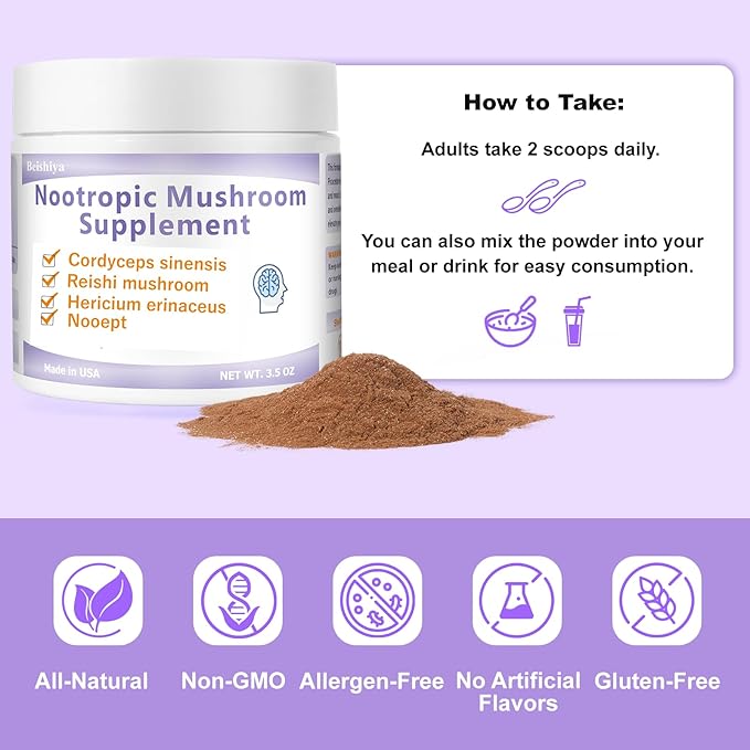 Nootropic Mushroom Supplement – Lion's Mane, Cordyceps, Reishi, Noopept | Boost Focus, Cognitive, Memory, Energy & Immune Health | Lion Mane Mushroom Supplement Powder, Purity 99.9+%