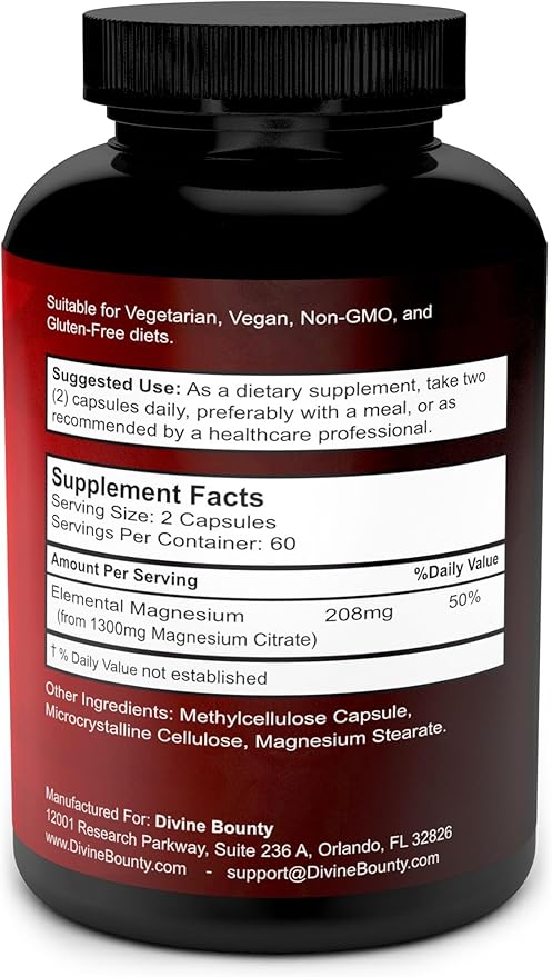 Pure Magnesium Citrate Capsules - 1300mg Magnesium Supplement with Elemental Magnesium - 120 Vegetarian Capsules