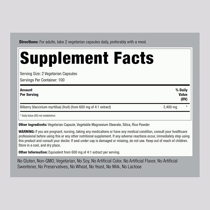 Piping Rock Bilberry Extract Capsules 2400mg | 200 Count | Concentrated Herbal Extract | Vegetarian, Non-GMO, Gluten Free Supplement