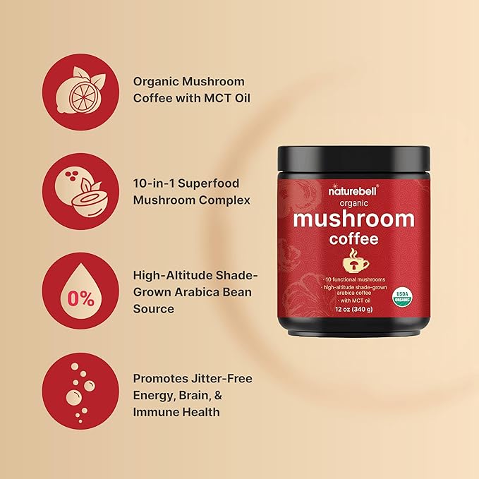Organic Mushroom Coffee with MCT Oil, 12oz (85 Servings) | 10 in 1 Adaptogenic Mushrooms – Lions Mane, Shiitake, Reishi & More – Energy, Immune Booster & Brain Health Support – No Fillers