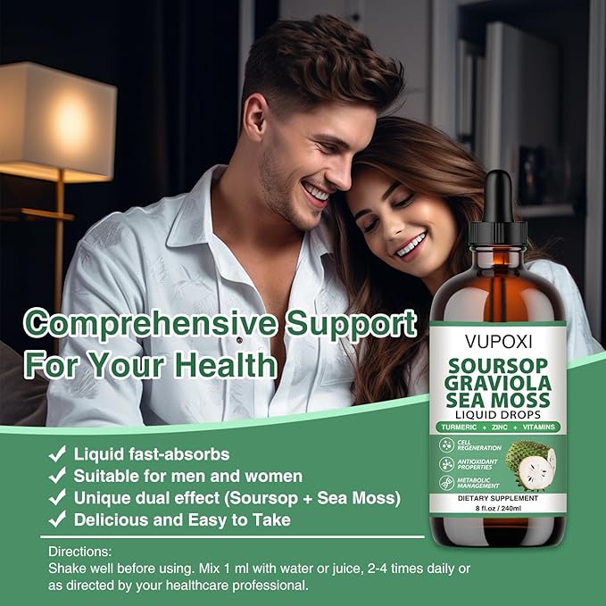 Soursop Multivitamin Liquid Drops Cell Support & Regeneration, Immune Boost,Dietary Fiber and Sleep, Organic Soursop Extract-Sugar Free, Non-GMO, 100% Vegan, Gluten-Free-8 Fl Oz/240 ML