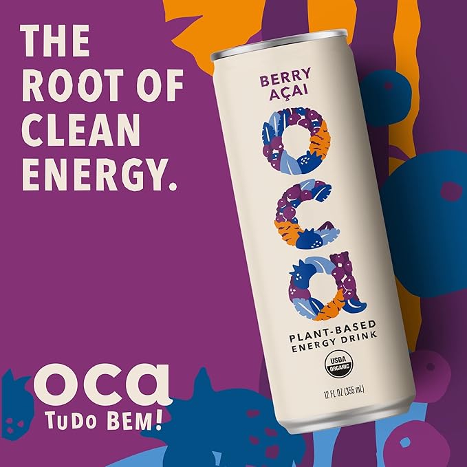 OCA | Organic, Vegan, Plant-Based Energy Drink - Berry Açai Flavor - 60 Calories per Can - 12-Pack - This energy drink is: organic, vegan, naturally sweetened, gluten free