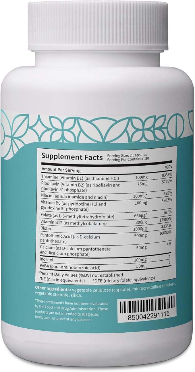 Pattern Wellness Vitamin B Complex – Complete B Vitamins with Folate, B6, B12 – Supports Energy, Brain & Heart Health – Non-GMO – 60 Capsules