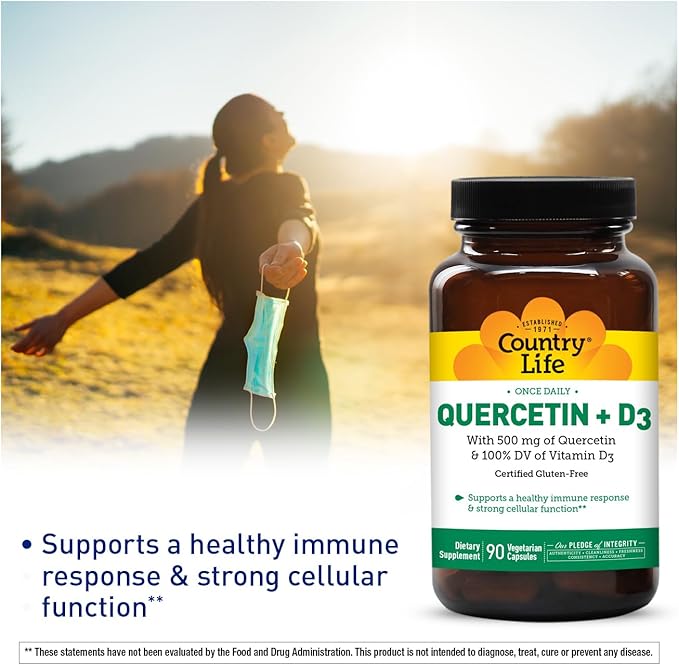 Country Life Quercetin 500mg Capsules with Vitamin D3 800 IU – Immune Support Supplement for Adults – Daily Immune Boosters – Quercetin Immune System Boost, 90 Capsules