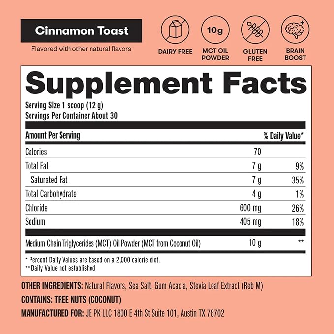 Perfect Keto 7g MCT Oil Powder, Medium Chain Triglycerides Supplement, Non Dairy Coffee Creamer for Keto Diet, Ketogenic MCT Oil Mix for Coffee, Smoothie, Protein Shakes, Cinnamon Toast, 30 Servings
