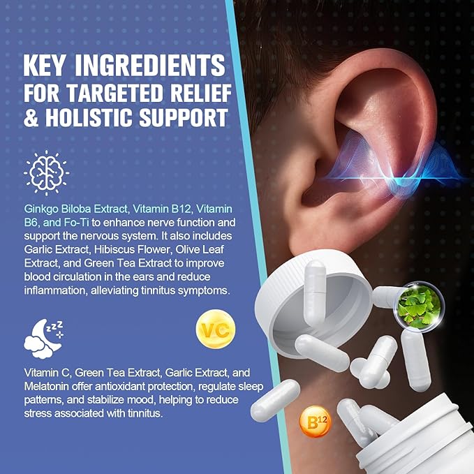 Tinnitus Relief for Ringing Ears, Tinnitus Relief Supplement with Ginkgo Biloba & Vitamin B12 | Natural Tinnitus Treatment for Reduce Ear Noise, Improve Hearing & Emotional Support - 120 Capsules