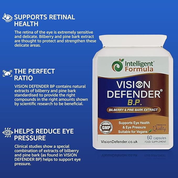 Vision Defender BP Eye Supplement: Bilberry and Pine Bark Extracts for Eye Pressure and Eye Health Support (60 Vegan Capsules)