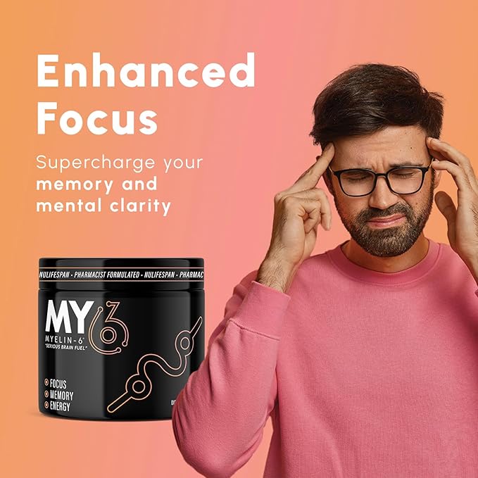 Myelin-6 Drink Mix - Focus Supplement & Brain Health with AlphaSize, L-Theanine, Teacrine, Memory & Cognitive Function Support, 30-Day, with Shaker Bottle & Stainless Steel Scoop